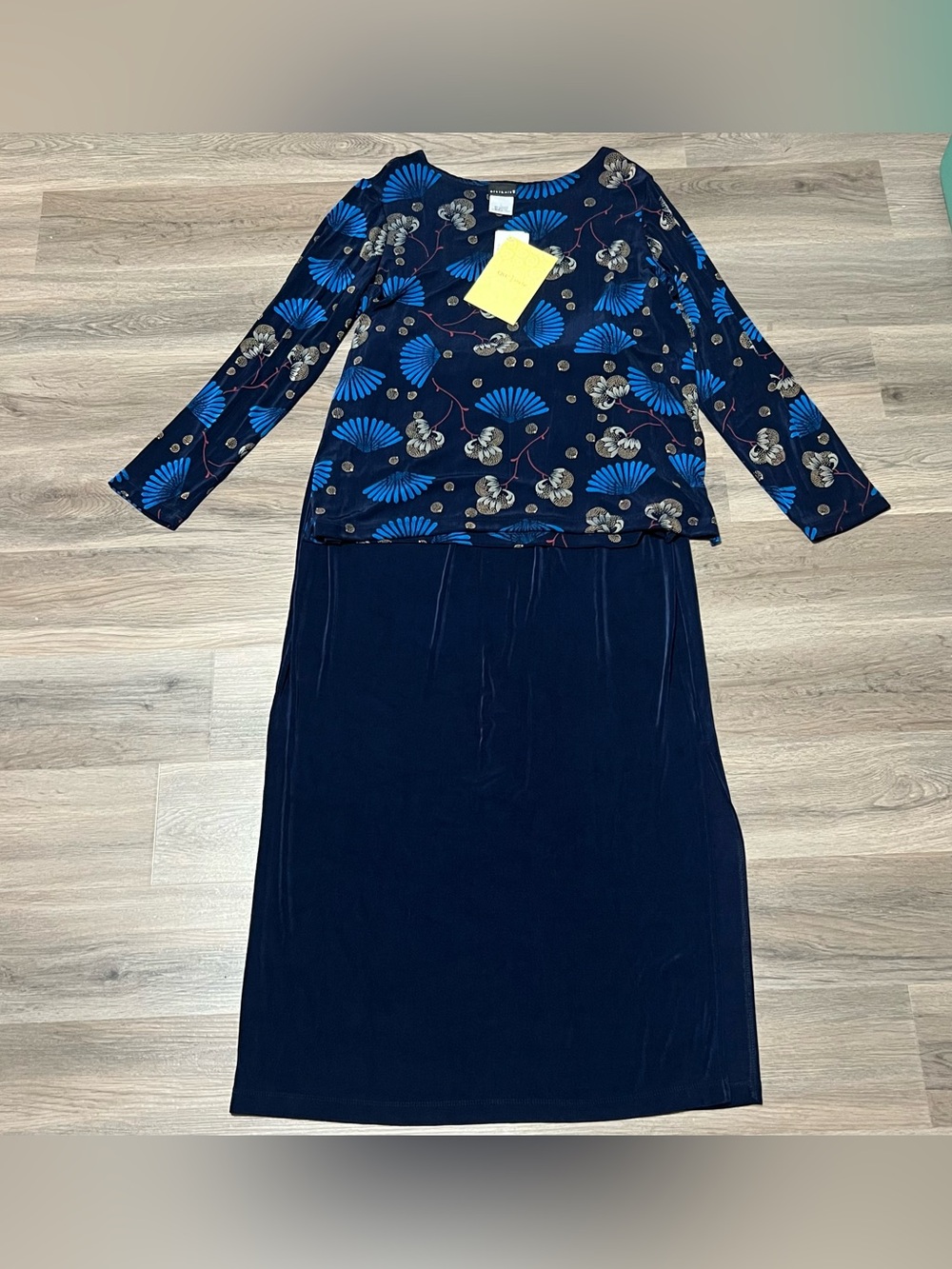 Citiknits Twinset Large Skirt Blouse Blue Fan Stretch Slinky Knit 2 Pc NWT